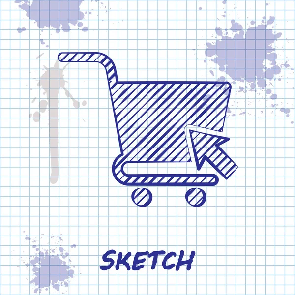 Sketch line Shopping cart with cursor icon isolated on white background. Online buying concept. Delivery service sign. Supermarket basket symbol. Vector Illustration — Stock Vector