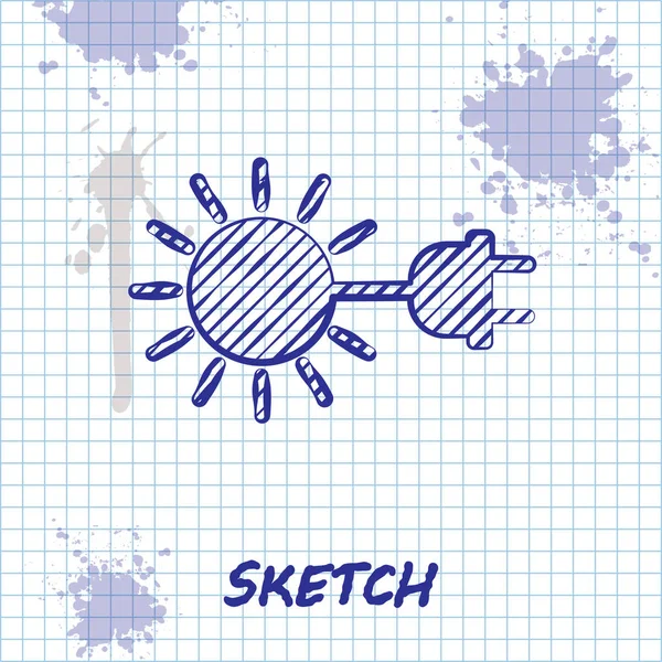 Sketch line Sun com ícone de plugue elétrico isolado no fundo branco. Conceito de poupança de energia. Ilustração vetorial —  Vetores de Stock