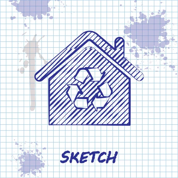 Sketch line Eco House with recycling symbol icon isolated on white background. Ecology home with recycle arrows. Vector Illustration — Stock Vector