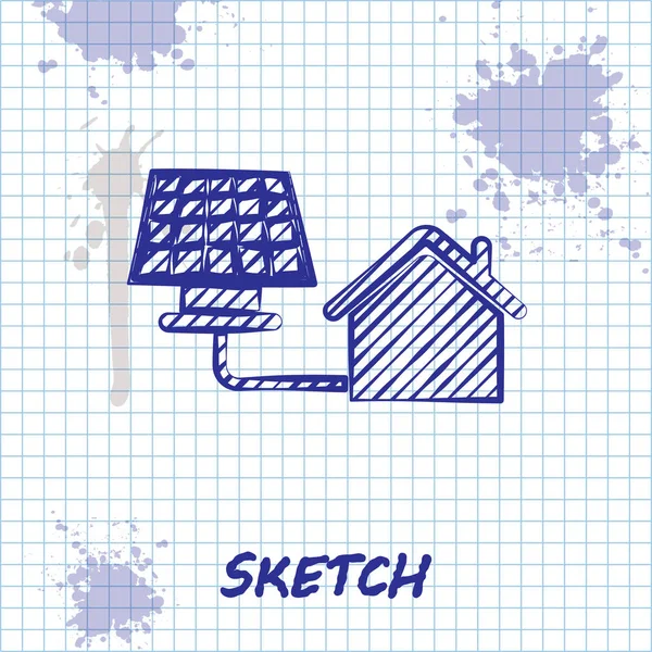 Skizze Linie Haus mit Solarpanel-Symbol isoliert auf weißem Hintergrund. Ökologie, solare erneuerbare Energien. umweltfreundliches Haus. Umweltschutz. Vektorillustration — Stockvektor