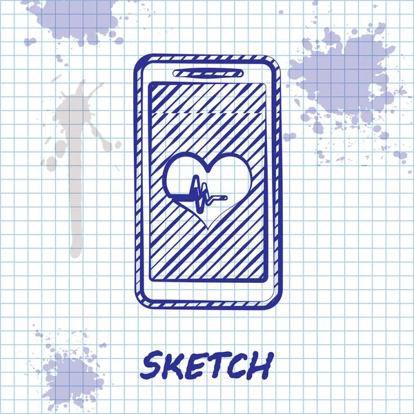 Skizze Linie Smartphone mit Pulsmesser-Funktion Symbol isoliert auf weißem Hintergrund. Vektorillustration — Stockvektor