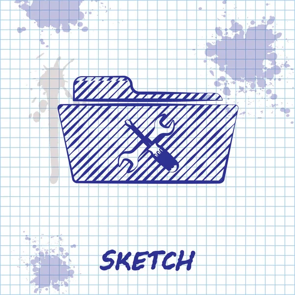 Sketch line Folder com chave de fenda e ícone de chave de fenda isolado no fundo branco. Ajuste, serviço, configuração, manutenção, reparação, fixação. Ilustração vetorial —  Vetores de Stock