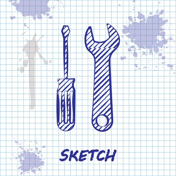 Croquis ligne Tournevis et clé icône des outils isolés sur fond blanc. Symbole d'outil de service. Illustration vectorielle — Image vectorielle