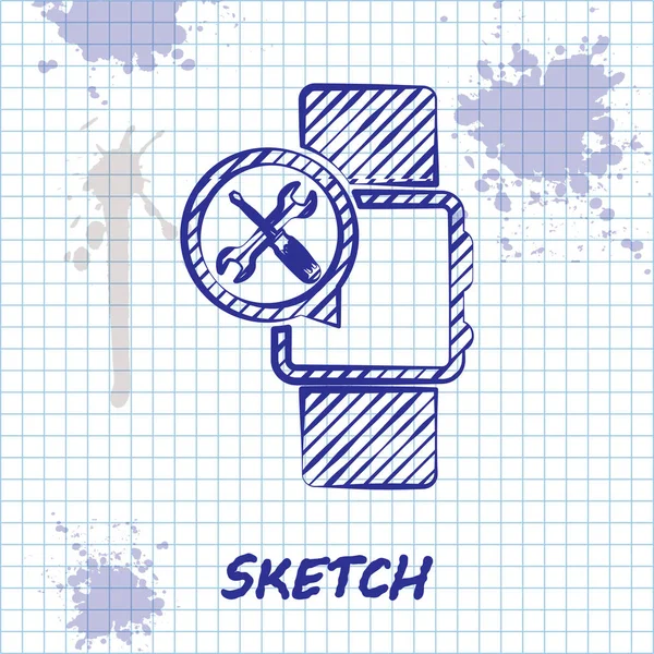 Linea Sketch Smartwatch con cacciavite e icona della chiave isolata su sfondo bianco. Regolazione, assistenza, regolazione, manutenzione, riparazione, fissaggio. Illustrazione vettoriale — Vettoriale Stock