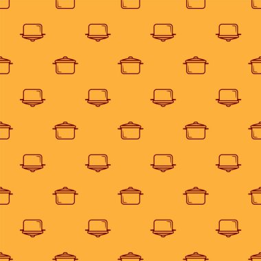 Kırmızı tencere simgesi kahverengi arka planda izole edilmiş. Haşlama ya da güveç besin sembolü. Vektör İllüstrasyonu