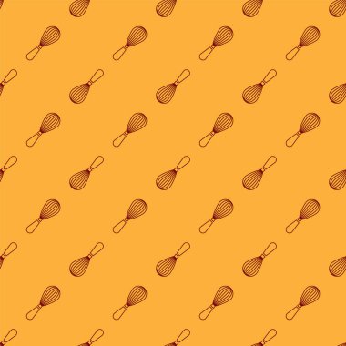 Kırmızı Mutfak çırpMa simgesi kahverengi arka plan üzerinde dikişsiz desen izole. Pişirme aleti, yumurta çırpıcı. Çatal bıçak takımı işareti. Gıda karışımı sembolü. Vektör İllüstrasyonu