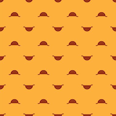 Kırmızı Mutfak kevgir simgesi kahverengi arka plan üzerinde izole dikişsiz desen. Pişirme aleti. Çatal bıçak takımı işareti. Vektör İllüstrasyonu