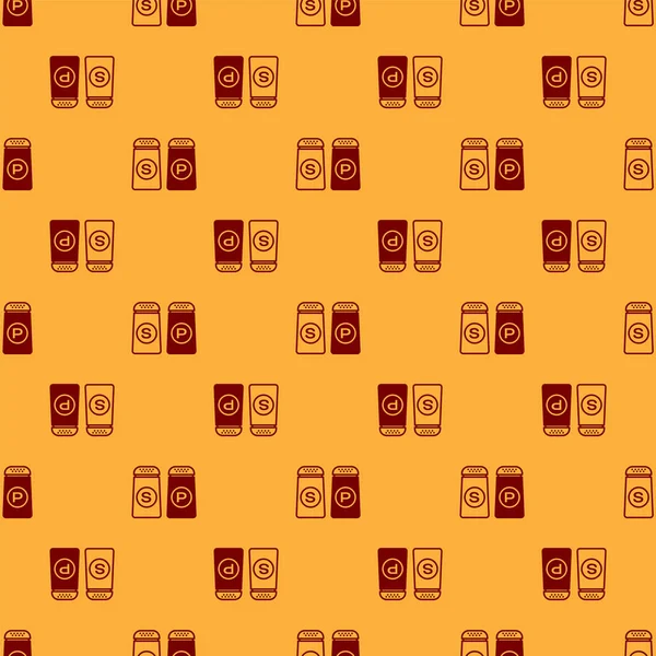 Icono de sal roja y pimienta aislado patrón sin costuras sobre fondo marrón. Cocinar especias. Ilustración vectorial — Vector de stock