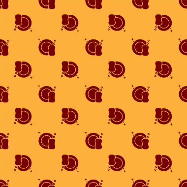 Kırmızı Yıkama yemekleri simgesi kahverengi arka plan üzerinde izole dikişsiz desen. Tabak ve sünger. Temizlik bulaşıkları simgesi. Bulaşık makinesi tabelası. Masa takımı işaretini temizleyin. Vektör İllüstrasyonu