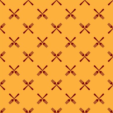 Kırmızı Çapraz çatal simgesi kahverengi arka plan üzerinde sorunsuz desen izole. Çatal bıçak takımı sembolü. Vektör İllüstrasyonu