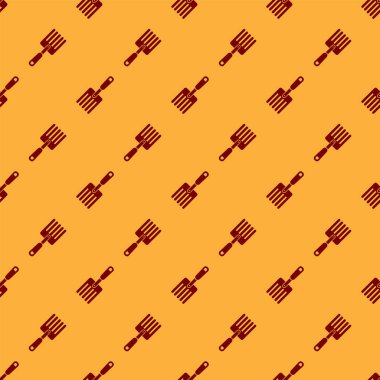 Kırmızı Bahçe çatal simgesi kahverengi arka plan üzerinde sorunsuz desen izole. Pitchfork simgesi. Bahçecilik, tarım, tarım için bir araç. Vektör İllüstrasyonu
