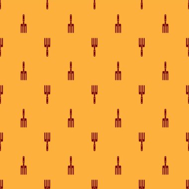 Kırmızı Bahçe çatal simgesi kahverengi arka plan üzerinde sorunsuz desen izole. Pitchfork simgesi. Bahçecilik, tarım, tarım için bir araç. Vektör İllüstrasyonu