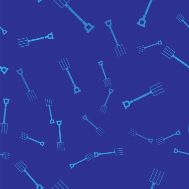 Mavi Bahçe pitchfork simgesi mavi arka plan üzerinde sorunsuz desen izole. Bahçe çatal işareti. Bahçecilik, tarım, tarım için bir araç. Vektör İllüstrasyonu