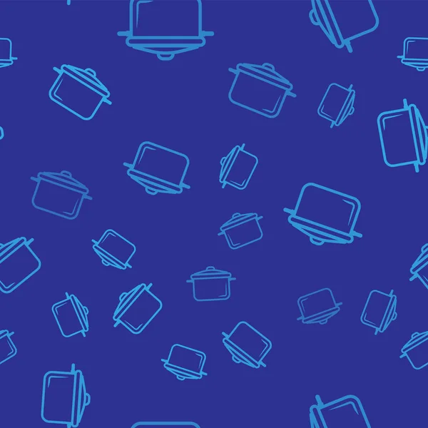 Иконка голубого кухонного горшка выделена безморщинистым узором на синем фоне. Вскипятить или тушить пищевой символ. Векторная миграция — стоковый вектор