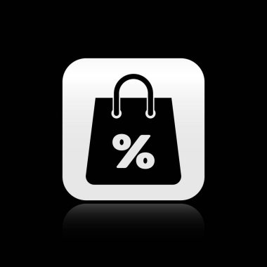 Siyah arka plan üzerinde izole bir yazıt yüzde indirim simgesi ile Siyah Shoping çanta. Çanta tabelası. Kadın çantası simgesi. Kadın çanta tabelası. Gümüş kare düğme. Vektör İllüstrasyonu