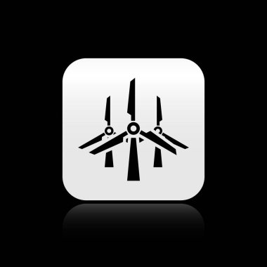 Siyah rüzgar türbinleri simgesi siyah arka plan üzerinde izole. Rüzgar jeneratörü işareti. Yel değirmeni silueti. Elektrik enerjisi üretimi için yel değirmenleri. Gümüş kare düğme. Vektör İllüstrasyonu