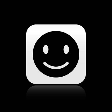Siyah arka planda yalıtılmış Siyah Smile yüz simgesi. Gülümseyen ifade. Mutlu gülen sohbet sembolü. Gümüş kare düğme. Vektör İllüstrasyonu