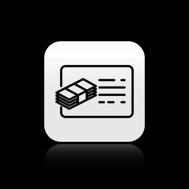 Siyah arka planda yalıtılmış Siyah Mali belge satırı simgesi. Fatura ve para simgesi. Bütçe planlama, para tasarrufu ve borç kavramı ödeme. Gümüş kare düğme. Vektör İllüstrasyonu