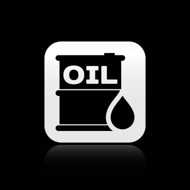 Siyah Petrol varil simgesi siyah arka plan üzerinde izole. Yağ varil konteyner. Bilgi grafikleri, yakıt, endüstri, güç, ekoloji için. Gümüş kare düğme. Vektör İllüstrasyonu
