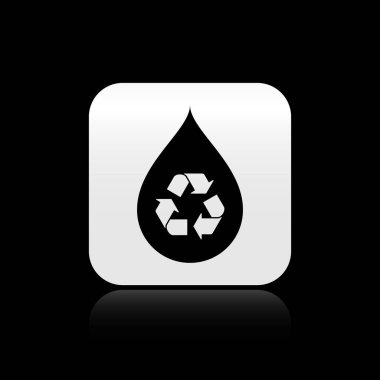 Siyah Geri Dönüşüm temiz aqua simgesi siyah arka plan üzerinde izole. İşaret geri dönüşüm ile su damlası. Gümüş kare düğme. Vektör İllüstrasyonu