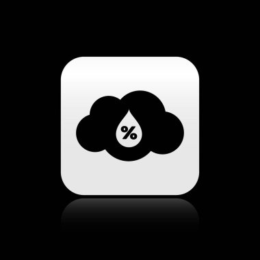 Siyah arka planda yalıtılmış siyah Nem simgesi. Hava ve meteoroloji, bulut, termometre sembolü. Gümüş kare düğme. Vektör İllüstrasyonu