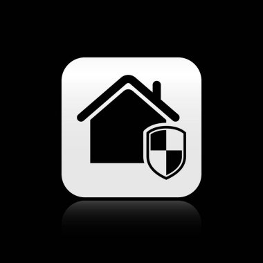 Siyah Ev koruma simgesi altında siyah arka plan üzerinde izole. Ev ve kalkan. Koruma, güvenlik, güvenlik, koruma, savunma konsepti. Gümüş kare düğme. Vektör İllüstrasyonu