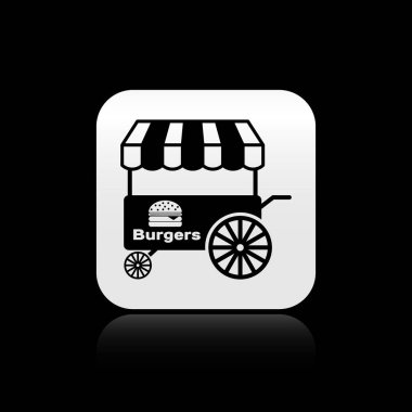 Siyah arka plan üzerinde izole tente simgesi ile Siyah Fast sokak gıda sepeti. Burger veya hamburger simgesi. Şehir köşkü. Gümüş kare düğme. Vektör İllüstrasyonu