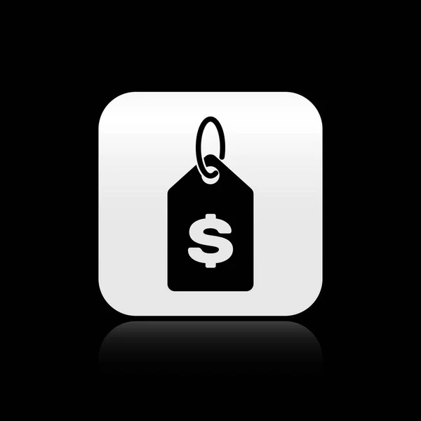 Schwarzes Preisschild mit Dollarsymbol isoliert auf schwarzem Hintergrund. Abzeichen für Preis. Verkauf mit Dollar-Symbol. Promo-Tag Rabatt. Silberner quadratischer Knopf. Vektorillustration — Stockvektor
