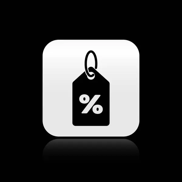 Schwarzes Discount Prozent-Symbol auf schwarzem Hintergrund. Das Schild mit dem Shopping-Tag. Sonderangebotsschild. Rabattgutscheine. Silberner quadratischer Knopf. Vektorillustration — Stockvektor