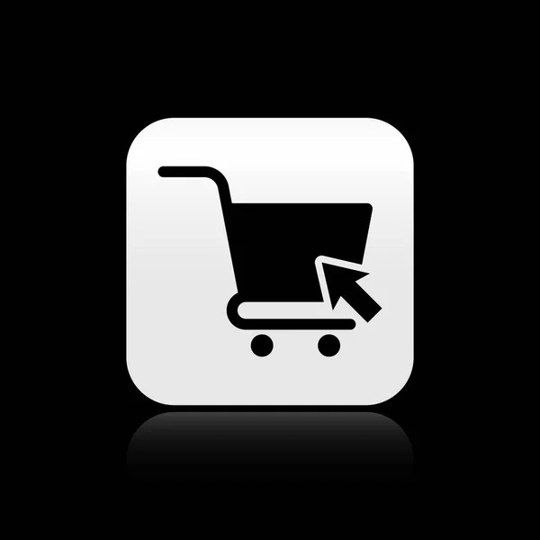 Carrito negro con icono de cursor aislado sobre fondo negro. Concepto de compra en línea. Señal de entrega. Símbolo de cesta de supermercado. Botón cuadrado plateado. Ilustración vectorial — Archivo Imágenes Vectoriales