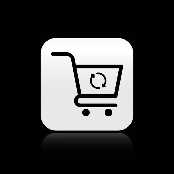黒のリフレッシュショッピングカートアイコンは、黒の背景に隔離されています。オンライン購入の概念。配達サービスのサイン。スーパーマーケットのバスケットシンボルを更新します。シルバーの正方形のボタン。ベクトルイラストレーション — ストックベクタ