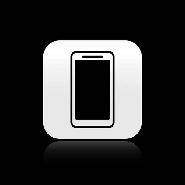 Smartphone preto, ícone do telefone celular isolado no fundo preto. Botão quadrado de prata. Ilustração vetorial — Vetor de Stock