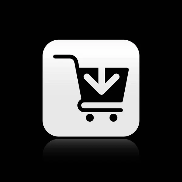 黒の背景に分離されたショッピングカートのアイコンに黒を追加します。オンライン購入の概念。配達サービスのサイン。スーパーマーケットバスケットシンボル。シルバーの正方形のボタン。ベクトルイラストレーション — ストックベクタ