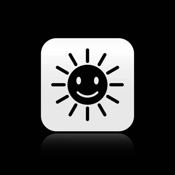 Schwarze süße Sonne mit Lächeln-Symbol auf schwarzem Hintergrund. lustig lächelnde Sonne. glückliches, sonniges Lächeln. Silberner quadratischer Knopf. Vektorillustration — Stockvektor