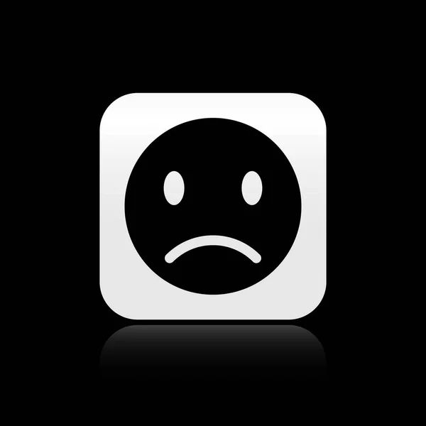 Icono de sonrisa triste negro aislado sobre fondo negro. Cara de emoticono. Botón cuadrado plateado. Ilustración vectorial — Archivo Imágenes Vectoriales
