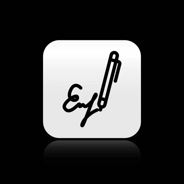 Значок лінії чорного підпису ізольовано на чорному тлі. Ручка і підкреслення, підписання, ратифікаційний символ. Срібна квадратна кнопка. Векторна ілюстрація — стоковий вектор