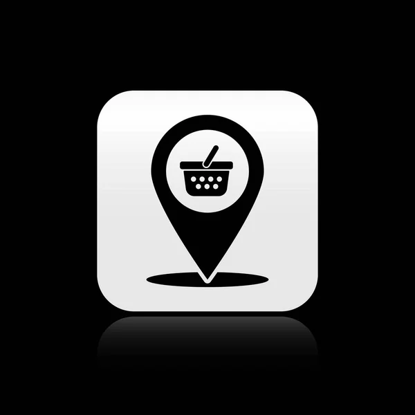 Schwarzer Kartenzeiger mit Warenkorb-Symbol auf schwarzem Hintergrund. Nadel-Punkt-Laden und Einkaufen. Supermarkt-Warenkorb Symbol. Silberner quadratischer Knopf. Vektorillustration — Stockvektor