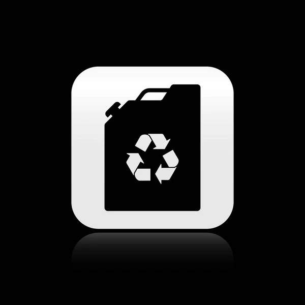 黒いエコ燃料キャニスターアイコンは、黒の背景に隔離されています。エコバイオとバレル。グリーン環境とリサイクル。シルバーの正方形のボタン。ベクトルイラストレーション — ストックベクタ
