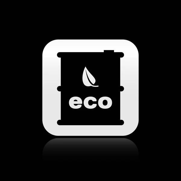 Zwarte bio brandstof vat pictogram geïsoleerd op zwarte achtergrond. Eco Bio en Canister. Groene omgeving en Recycle. Zilveren vierkante knop. Vector illustratie — Stockvector