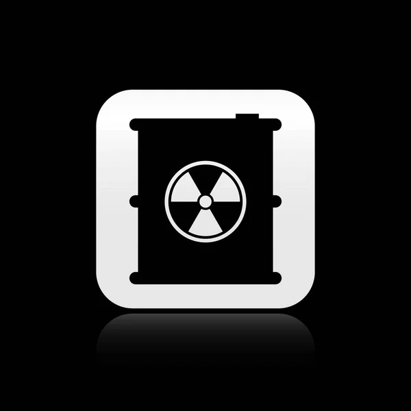 Black Radioactive waste in barrel icon isolated on black background. Toxic refuse keg. Radioactive garbage emissions, environmental pollution. Silver square button. Vector Illustration — Stock Vector
