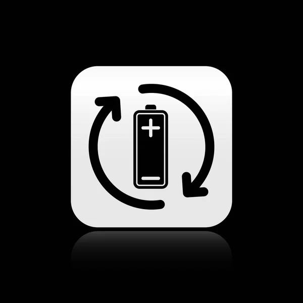 Bateria preta com ícone de linha de símbolo de reciclagem isolado no fundo preto. Bateria com símbolo de reciclagem - conceito de energia renovável. Botão quadrado de prata. Ilustração vetorial — Vetor de Stock
