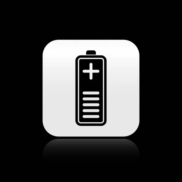 Czarna ikona wskaźnika poziomu naładowania akumulatora jest odizolowana na czarnym tle. Srebrny kwadrat przycisk. Ilustracja wektorowa — Wektor stockowy