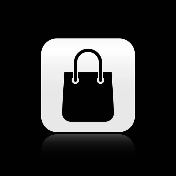 Schwarze Einkaufstasche Symbol isoliert auf schwarzem Hintergrund. Paketschild. Silberner quadratischer Knopf. Vektorillustration — Stockvektor