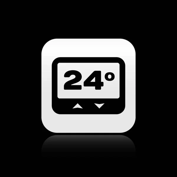 Icono del termostato negro aislado sobre fondo negro. Control de temperatura. Botón cuadrado plateado. Ilustración vectorial — Vector de stock