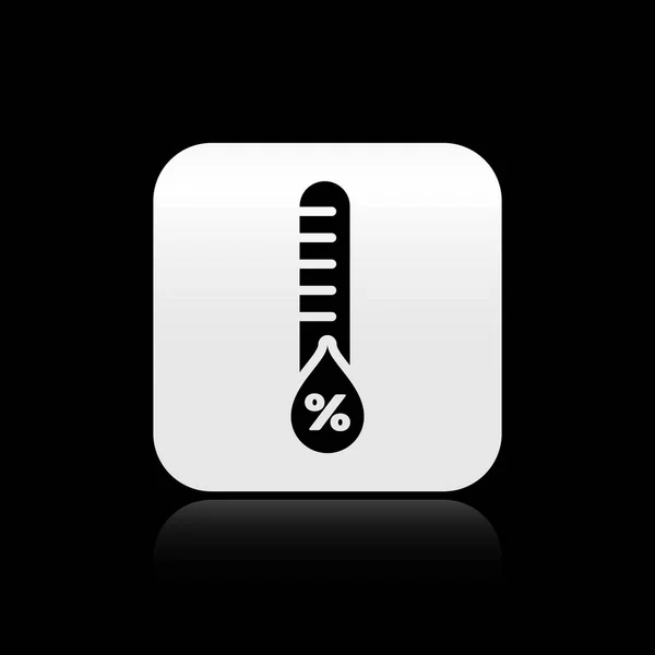 Zwarte vochtigheids pictogram geïsoleerd op zwarte achtergrond. Weer en meteorologie, thermometer symbool. Zilveren vierkante knop. Vector illustratie — Stockvector