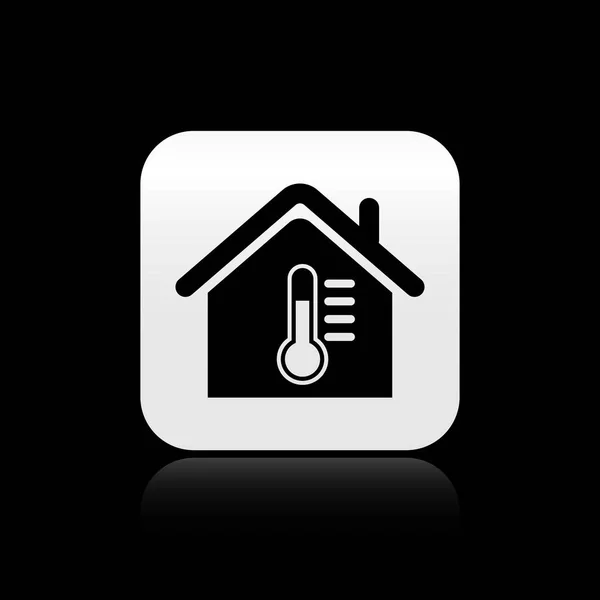 Schwarzes Haus Temperatur Symbol isoliert auf schwarzem Hintergrund. Thermometer-Symbol. Silberner quadratischer Knopf. Vektorillustration — Stockvektor