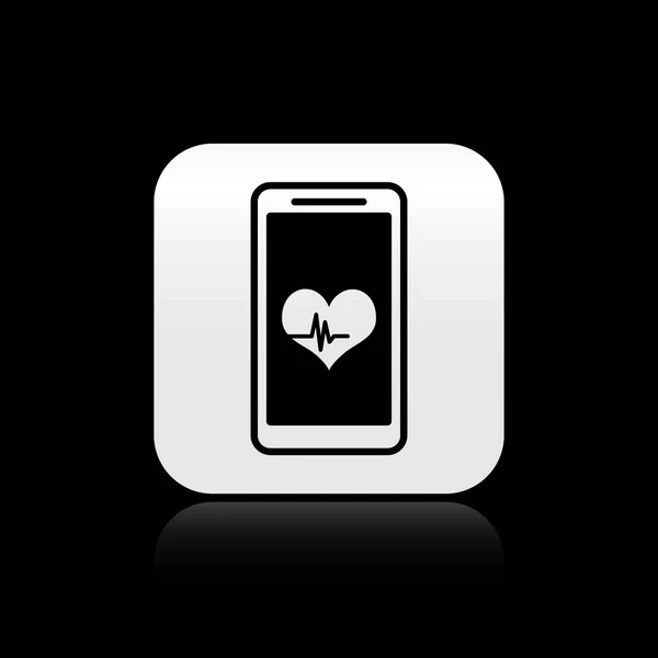 Μαύρο smartphone με εικονίδιο λειτουργίας παρακολούθησης καρδιακών παλμών απομονώνεται σε μαύρο φόντο. Ασημί τετράγωνο κουμπί. Απεικόνιση διανυσματικών φορέων — Διανυσματικό Αρχείο