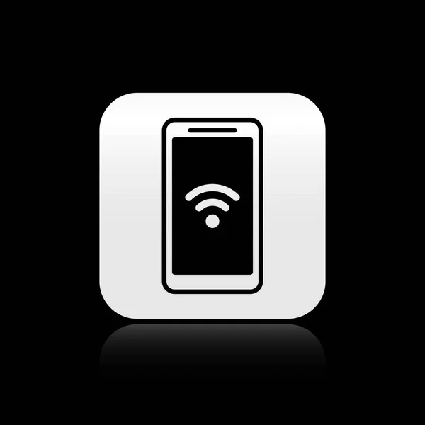 Smartphone preto com ícone de conexão sem fio wi-fi gratuito isolado no fundo preto. Tecnologia sem fio, conexão wi-fi, rede sem fio. Botão quadrado de prata. Ilustração vetorial — Vetor de Stock