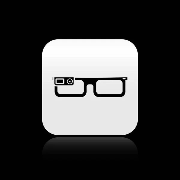 Óculos inteligentes pretos montados no ícone de óculos isolados no fundo preto. Óculos inteligentes eletrônicos vestíveis com câmera e display. Botão quadrado de prata. Ilustração vetorial — Vetor de Stock
