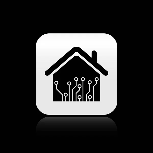 Icono de hogar inteligente negro aislado sobre fondo negro. Control remoto. Botón cuadrado plateado. Ilustración vectorial — Archivo Imágenes Vectoriales